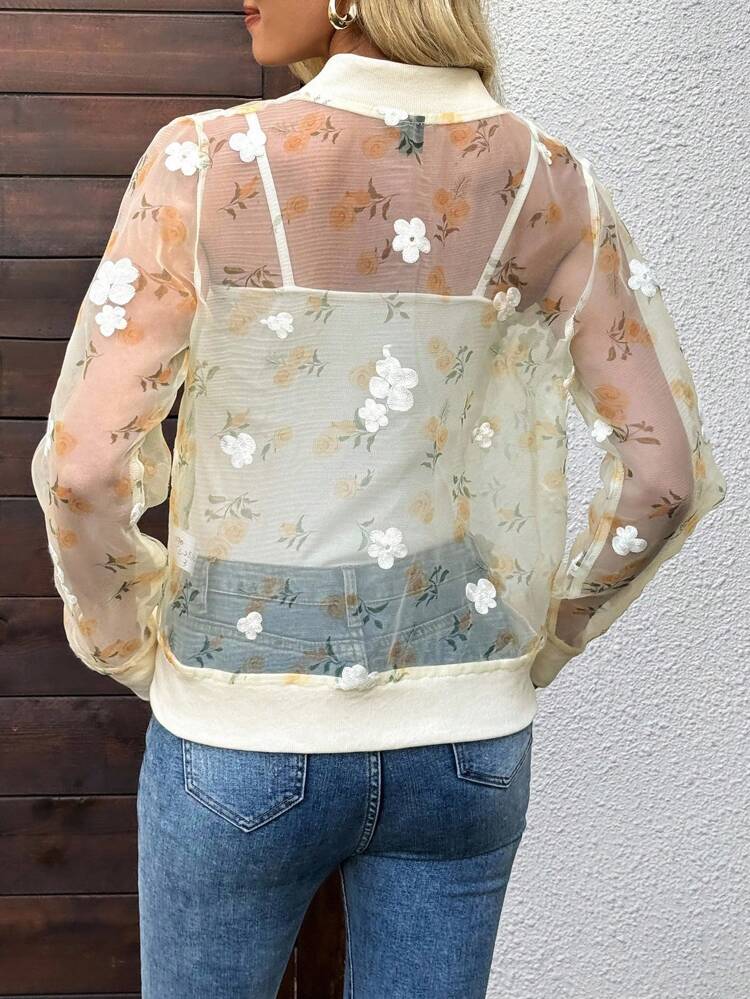 Regular Casual Printed Knit Splice Woven Women Jacket, See Through Sheer Jacket Fall Autumn Going Out
