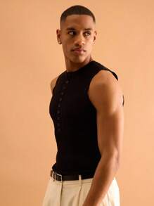 Musero Men Muscle Fit Front Placket Ribbed Sweater Vest Streetstyle Autumn Winter Casual - Black - View 2