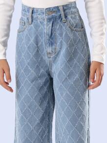 SUMWON Diamond Pattern Wide Leg Jeans Trendsetter Denim Pants With Vintage Distressed All Over Pattern Classic High Rise School Weekend Casual Bottoms - Light Wash - View 5