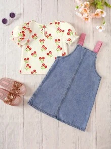 SHEIN 2pcs Young Girl Casual Floral Print Shirt & Denim Pinafore Dress Set - Light Wash - View 5