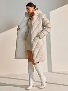 CLARA VERO Women Solid Color Zipper And Pocket Detailed Hooded Winter Coats - Beige - View 3