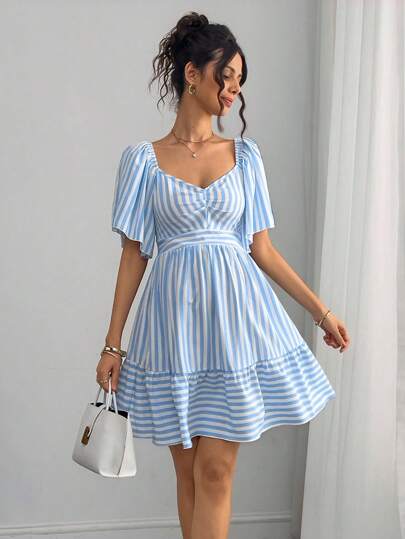 Momance 荷叶边短袖孕妇装，胸部褶皱，A 字下摆，条纹拼接设计