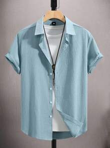 Manfinity Homme 男士休闲纯色短袖衬衫，夏季男士休闲短袖衬衫淡蓝色男士衬衫男士衬衫夏季浅蓝色衬衫男士亚麻衬衫，老钱风格 - 青碧色 - 查看 1