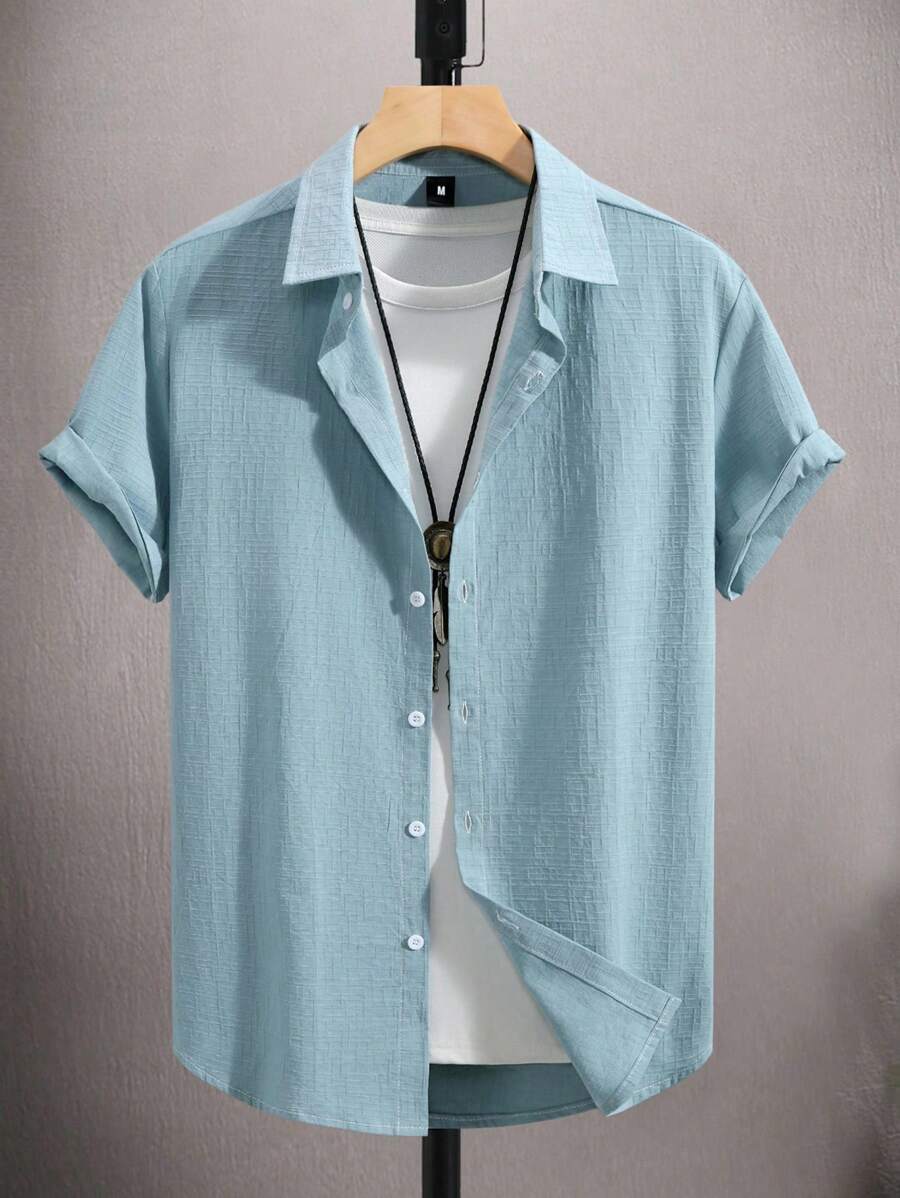 Manfinity Homme 男士休闲纯色短袖衬衫，夏季男士休闲短袖衬衫淡蓝色男士衬衫男士衬衫夏季浅蓝色衬衫男士亚麻衬衫，老钱风格 - 青碧色 - 查看 1