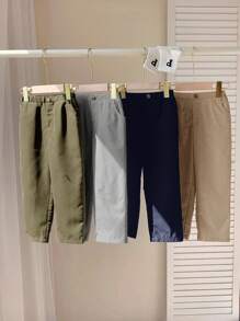SHEIN Quần dài rộng rãi thoải mái phong cách học viện thường ngày LMoss Kids 4 món/bộ cho bé trai mùa thu, màu trơn, thiết kế nút và túi, rộng rãi, thoải mái, đa năng cho các hoạt động ngoài trời, kỳ nghỉ, tiệc tùng, trường học, mặc ở nhà, thích hợp cho mùa xuân và mùa hè - Nhiều màu - Xem 2