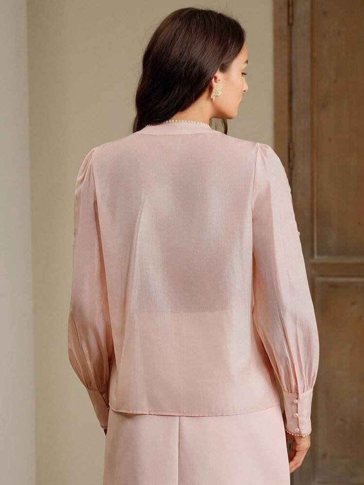 Spring/Summer French Style Fitted Blouse With Embroidered Beaded Applique Lantern Sleeves, Versatile For Women