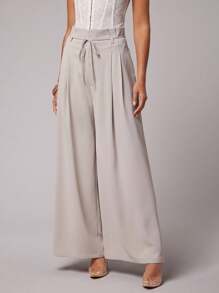 Silquee Women's Solid Light Cardigan Belt Pocket Pleated Pants Wide Leg Pants High Waist Pants Lace-Up Pants Pleated Pants Suit Pants Casual Suit Woven Office Teacher Autumn Women's Autumn Office Suit Pants - Khaki - View 4