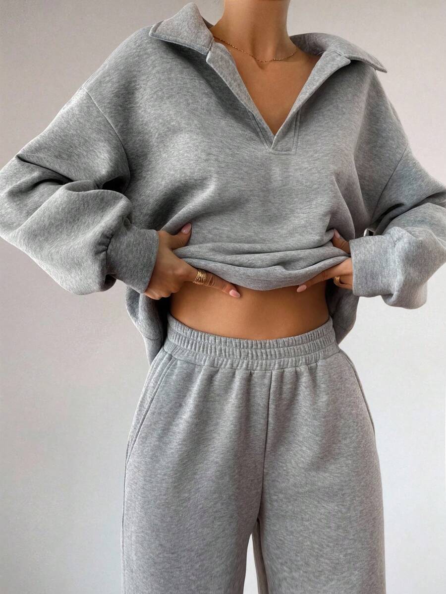Livesso Set de 2 piese pentru femei, casual, culoare solidă, cu rever, mânecă lungă, top și pantaloni lejeri, treninguri, set de lenjerie pentru femei - Gri - Vizualizare 1