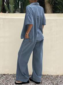 Livesso 女式夏季前扣水洗牛仔短袖夹克和牛仔裤套装