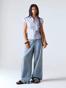 LYSMO Camisa casual de mujer con mangas dolman, cremallera en la solapa y fruncido