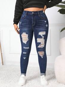 Firerie Plus Size Washed Ripped Jeans, Fall Women Clothes