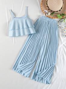 SHEIN Vintaside Kids Tween Girl Ruffle Hem Cami Top & Pleated Wide Leg Pants - Baby Blue - View 8