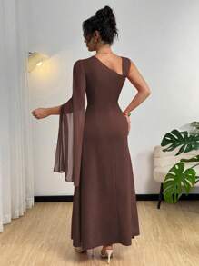 Modelyn Asymmetrical Neck Semi-Sheer Chiffon Waist Gathered Elegant Red Dress Fall Cloth For Women - Coffee - View 2