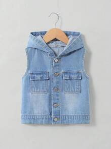 SHEIN Young Boy Blue Denim Sleeveless Hooded Vest