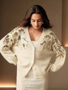 Anewsta 女士刺绣亮片灯笼袖针织开衫，秋冬 - 杏色 - 查看 4
