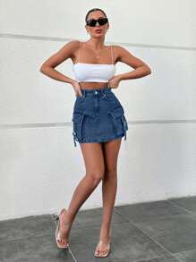 EURMUSE Women's Utility Pocket Casual Short Denim Mini Skirt - Teal Blue - View 6