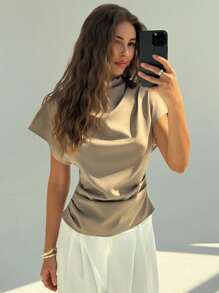Aloruh Women's Solid Color Batwing Short Sleeve Fashion Blouse