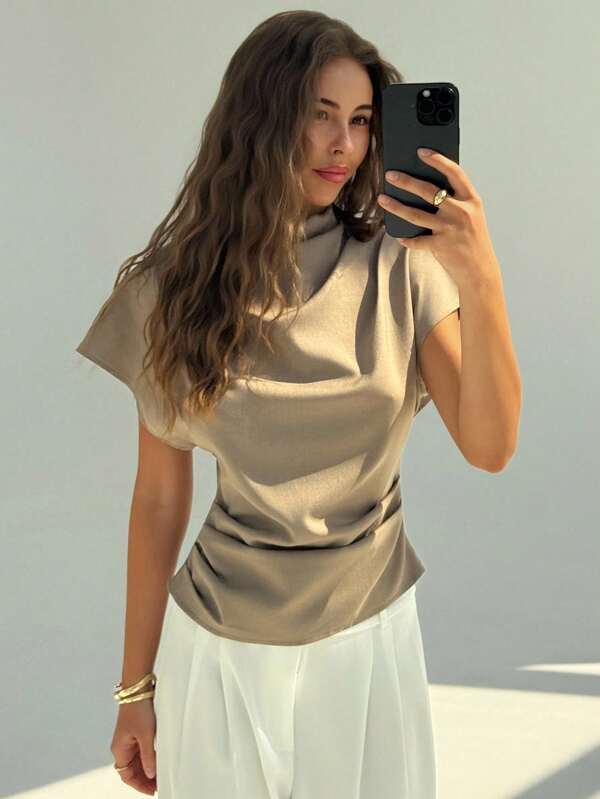 Aloruh Women's Solid Color Batwing Short Sleeve Fashion Blouse