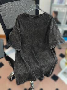 Flirla 大码休闲街头风格唇印圆领 T 恤，100% 纯棉 - 黑色 - 查看 2