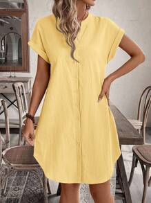 SHEIN Tall CURVE Đầm thường ngày tay ngắn cổ chữ V trơn mùa hè cỡ lớn cho nữ - Màu vàng - Xem 6