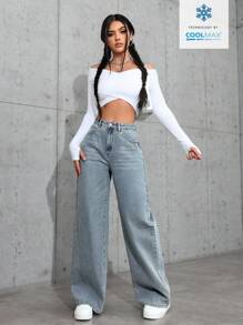 SHEIN ICON 休闲宽松高腰直筒牛仔裤 - 藍色 - 查看 6