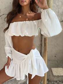INAWLY 2件套时尚休闲性感度假女士露肩灯笼袖上衣和迷你裙套装 - 白色 - 查看 2