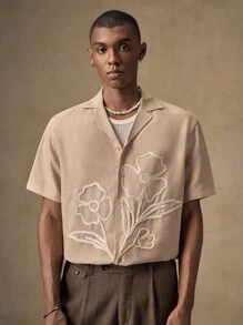 AKNOTIC Business Casual 男士白色花卉刺绣卡其色休闲修身短袖 Polo 衫，适合夏季、秋季、度假、日常穿着、派对、情侣装、男士礼物 - 棕色 - 查看 3