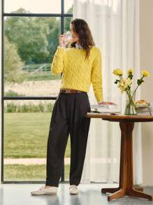 Briarwyn 女士休闲纯色梭织褶皱修身裤，不含腰带，秋季女士装，冬季女士装，返校装，教师女士装，复古女士装，老钱风格 - 巧克力棕 - 查看 5