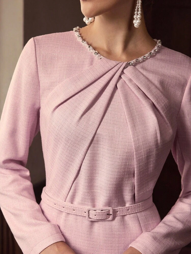 ZEYLAH Elegant Long Sleeve Dress With Pearl & Chain Embellishment