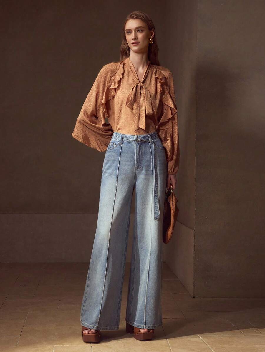 MOTF PREMIUM QUẦN JEANS PINTUCK CHÂN RỘNG ĐÃ GIẶT CÓ THẮT LƯNG VÒNG - Rửa nhẹ - Xem 2