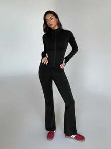 SHEIN EZwear 2 件女式 V 领拉链长袖上衣和修身长裤套装