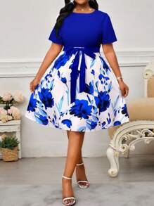 SHEIN Lady Vestidos de verano elegantes y casuales para la oficina y el uso diario, con estilo bohemio, de ganchillo, de colores vivos, cuello redondo, mangas cortas, cinturón y largo midi. Para mujeres de talla grande. Atuendos de verano, vestidos de verano, ropa de oficina y vestidos de vacaciones para mujeres.