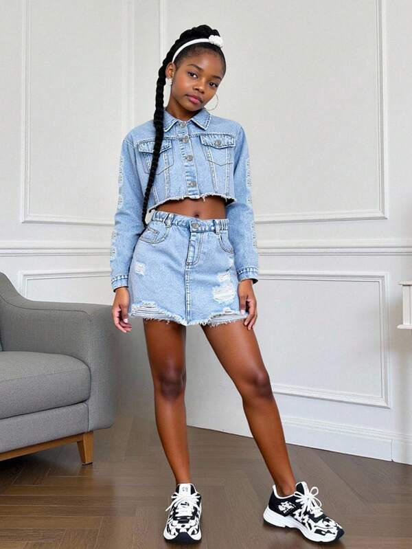 Girls Fashion Casual Distressed Denim Jacket And Asymmetrical Waist Denim Skirt Set, Soft Washed, Suitable For Daily Wear, Beach, Vacation, Summer