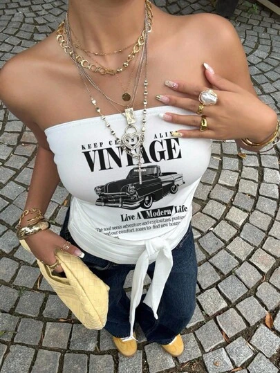 SHEIN EZwear 女士休闲复古汽车印花蝴蝶结腰部衬衫，适合夏季