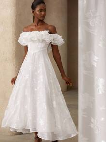 Aveloria 法式复古优雅浪漫约会夜礼服，奢华设计，压花叶贴花，露肩荷叶边多层雪纺连衣裙，束腰显瘦效果 - 白色 - 查看 3