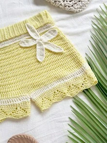 Soleia Quần short thường ngày dệt kim họa tiết hoa 3D dành cho nữ, màu be, mùa hè, ngày lễ - Màu Mù tạt vàng - Xem 6