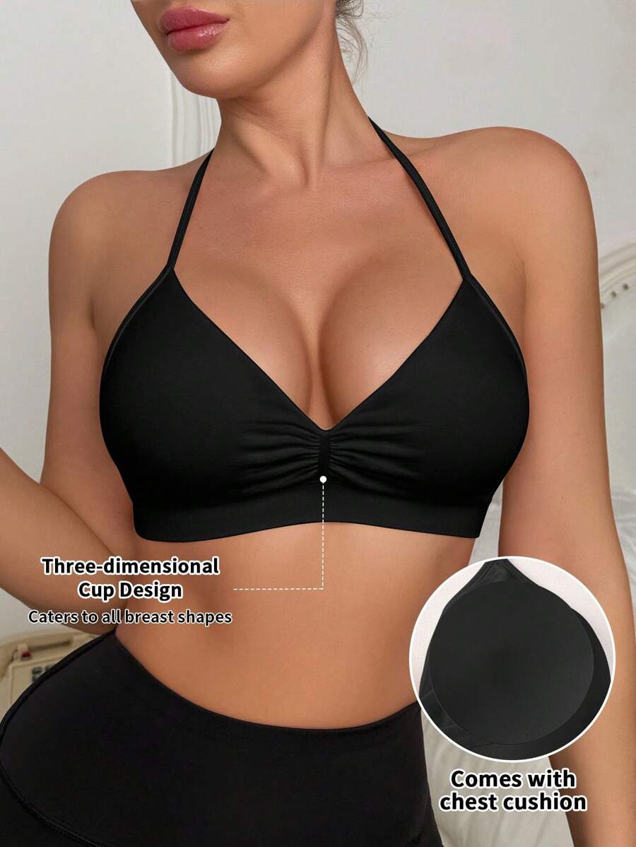EasyFave 1pc Women's Seamless Lightly Lined Underwire-Free Minimizer Bra, Halter Style Sexy Back Design Black Bra Push Up Bikini Inserts Push Up Tops With Built In Bra Chest Cushion Bra Inserts Push Up Bra Inserts Bra With Inserts - Black - View 1
