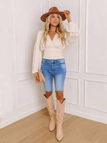 LanaWest Lantern Sleeve Ruched Blouse,Long Sleeve Tops - Apricot - View 1
