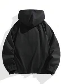 Manfinity EZcore 加大码男士长袖字母印花休闲宽松连帽夹克，黑色连帽衫，街头风，秋季款 - 黑色 - 查看 2