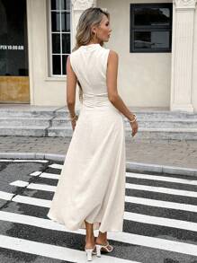 SHEIN Frenchy 女式休闲纯色垂坠无袖褶饰修身连衣裙，夏季 - 杏色 - 查看 2