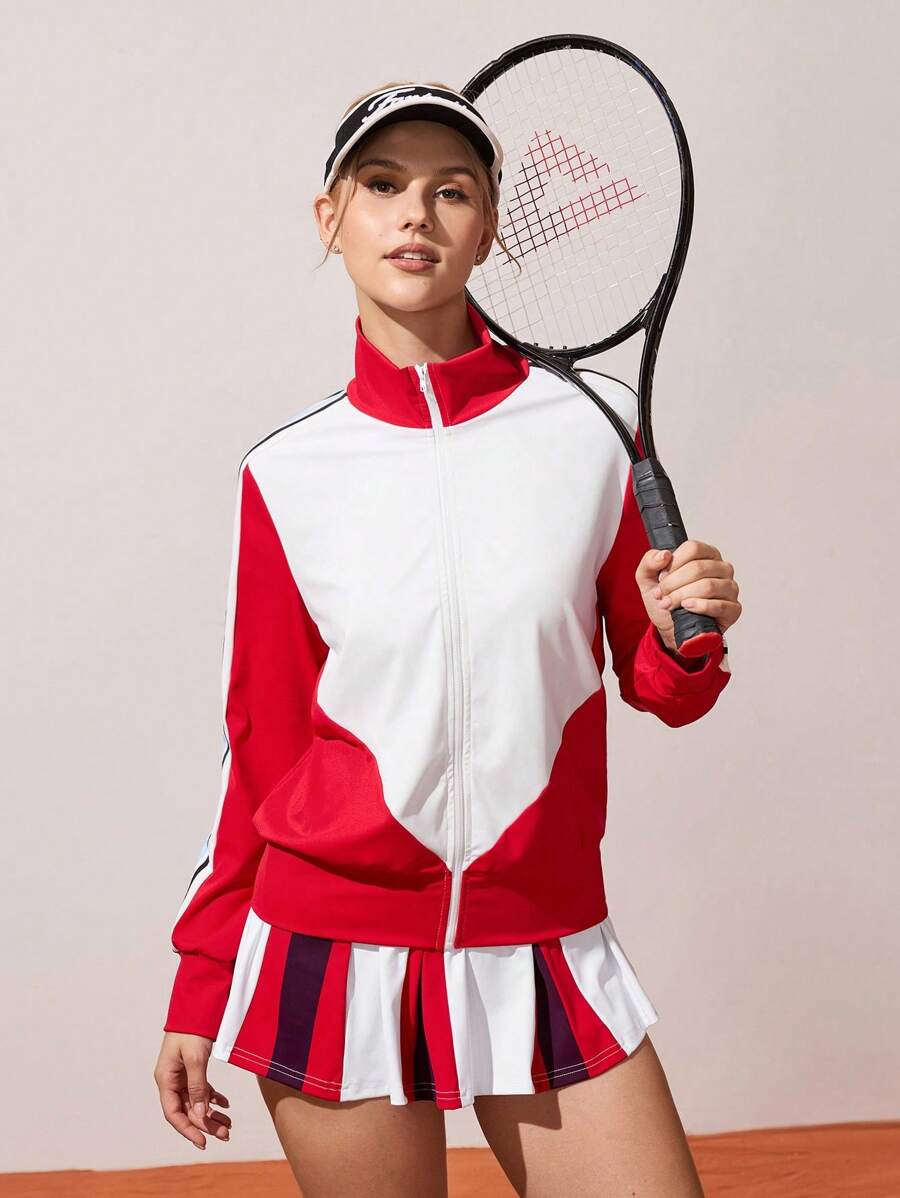 CourtClass Áo khoác thể thao in họa tiết sọc Colorblock thường ngày dành cho nữ - Đỏ - Xem 1