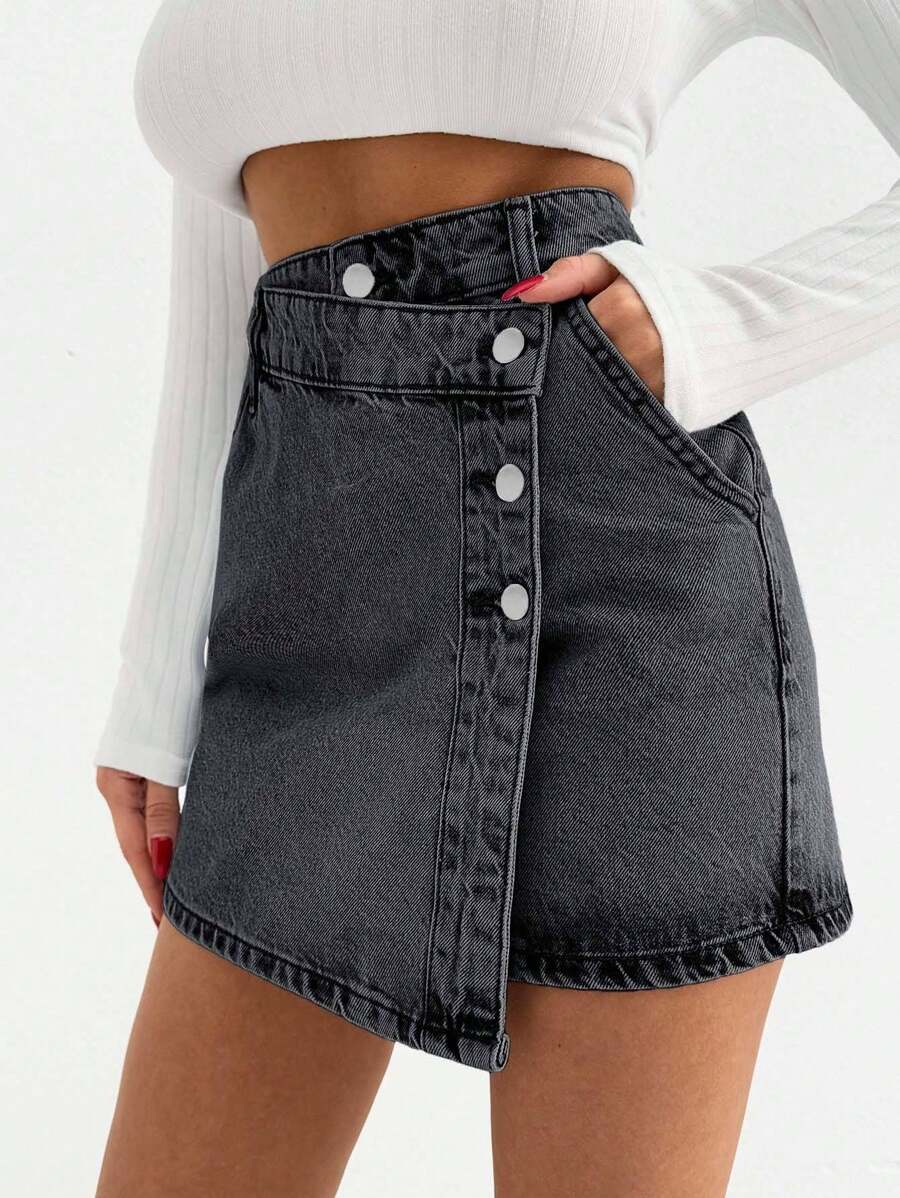 EURMUSE SPÓDNICA MINI DAMSKA ŚREDNIE PRANIE SZCZEGÓŁY GUZIKÓW - Ciemnoszary - Zobacz 1