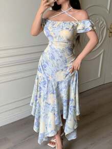 Modelyn Robe d'été élégante pour femme en mousseline imprimée, épaules dénudées, croisée, plissée avec ourlet irrégulier - Bleu azur - Voir 1