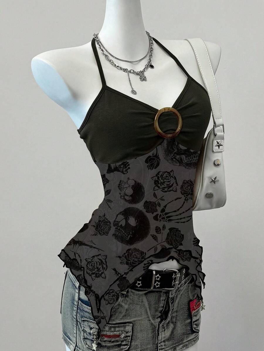 SHEIN EZwear 女式花卉骷髅图案褶皱挂脖背心，适合夏季 - 黑色 - 查看 1