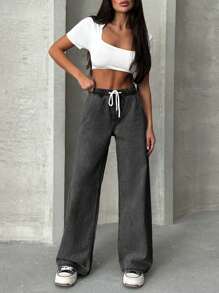 EURMUSE Casual Washed Drawstring Waist Straight Leg Jeans - Dark Grey - View 6