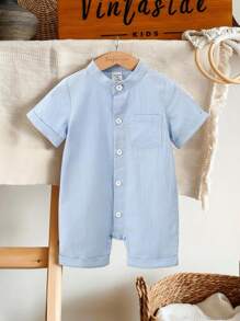 SHEIN Vintaside Kids Barboteuse pour tout-petits et bébés garçons avec boutons, poche et col montant, convient pour le port quotidien casual, les voyages, les fêtes, les festivals et l'école. Printemps et été (3M-2A)