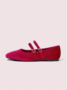 CUCCOO DOLLMOD New Arrival Women Flats With Rhinestone Dual Buckle Chic Ballerina Style Shoes, Red - Red - View 6
