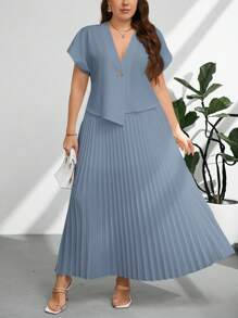 Firerie Plus Size Summer Elegant Solid Color Short Sleeve Top And Pleated Skirt 2 Pieces Set Spring - Dusty Blue - View 4