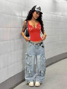 StreetHx 女士街头风印花水钻装饰紧身运动背心，简约春夏紧身款