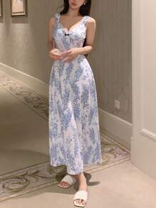 DAZY Plant Pattern Full Print Cinched Waist Long Slip Dress For Women - Blue - View 4